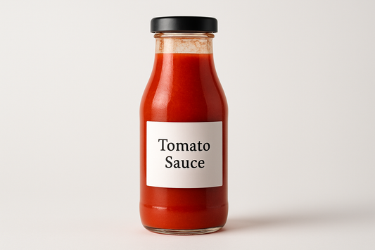 250grams Tomato Sauce packed in glass bottle with black cap on top. don't mention weight on label, just mention tomato sauce